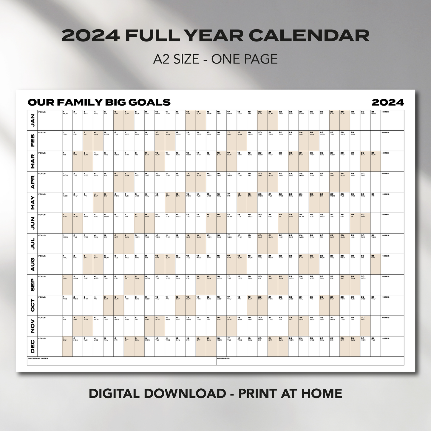 A2 Size "OUR FAMILY BIG GOALS" 2024 Calendar