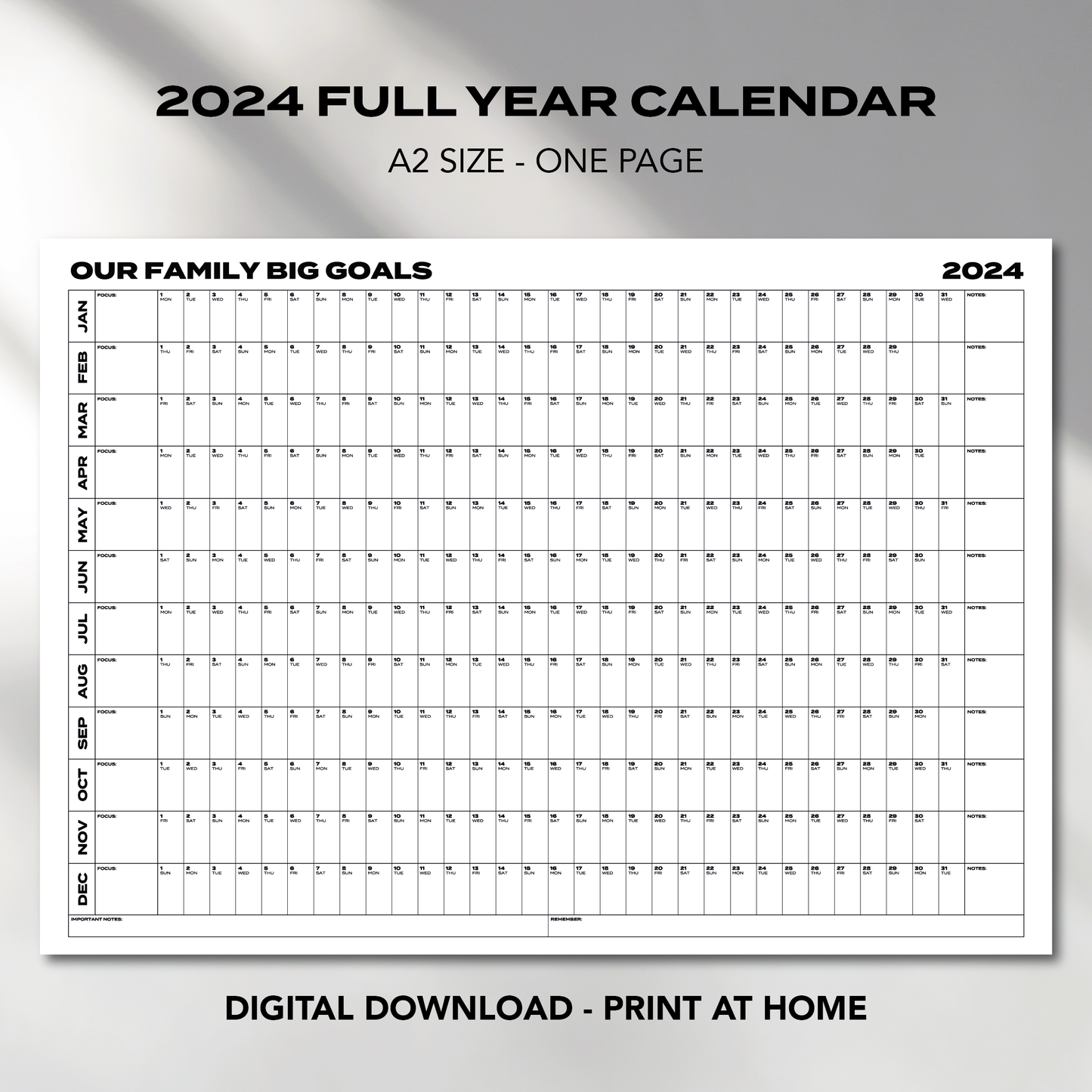 A2 Size "OUR FAMILY BIG GOALS" 2024 Calendar