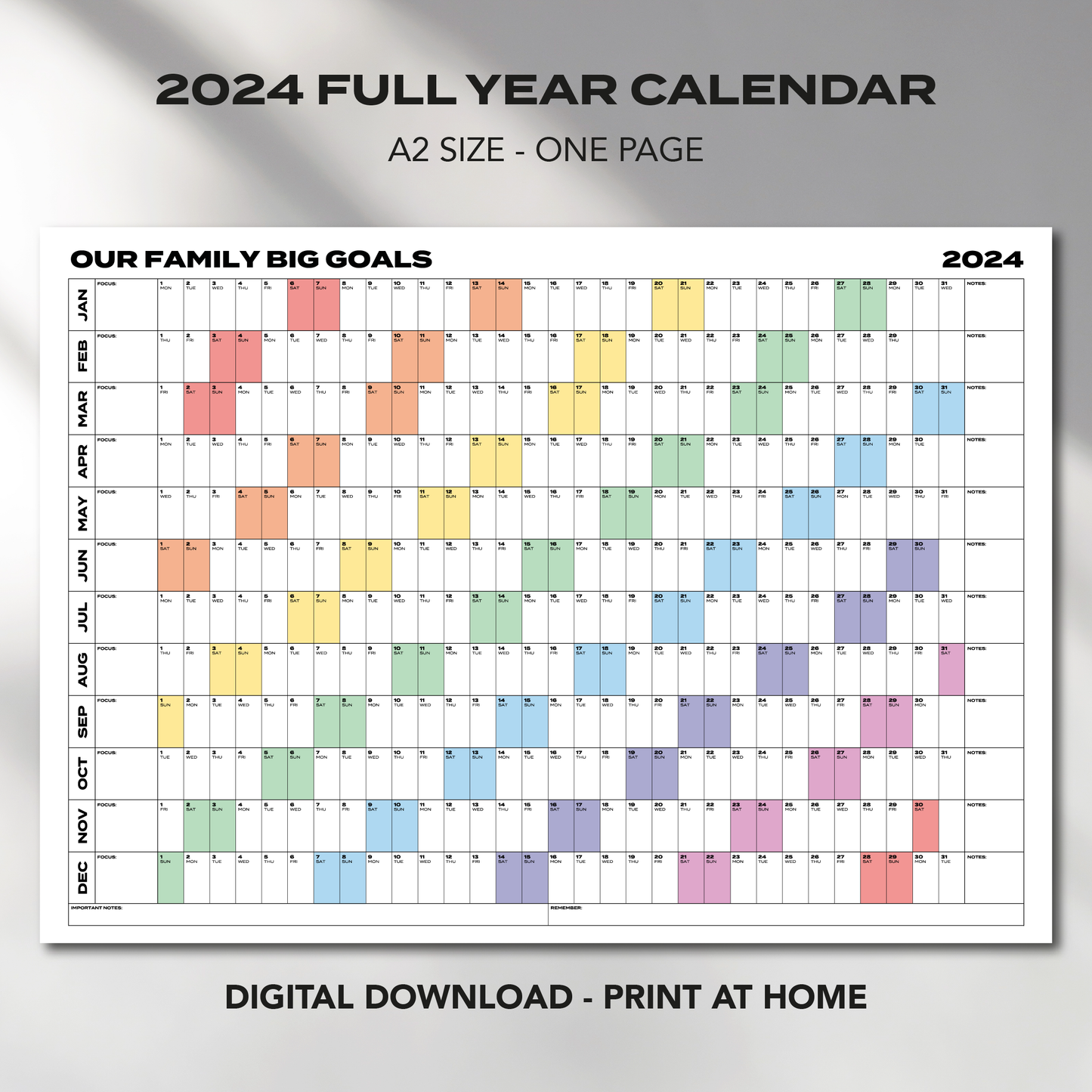 A2 Size "OUR FAMILY BIG GOALS" 2024 Calendar