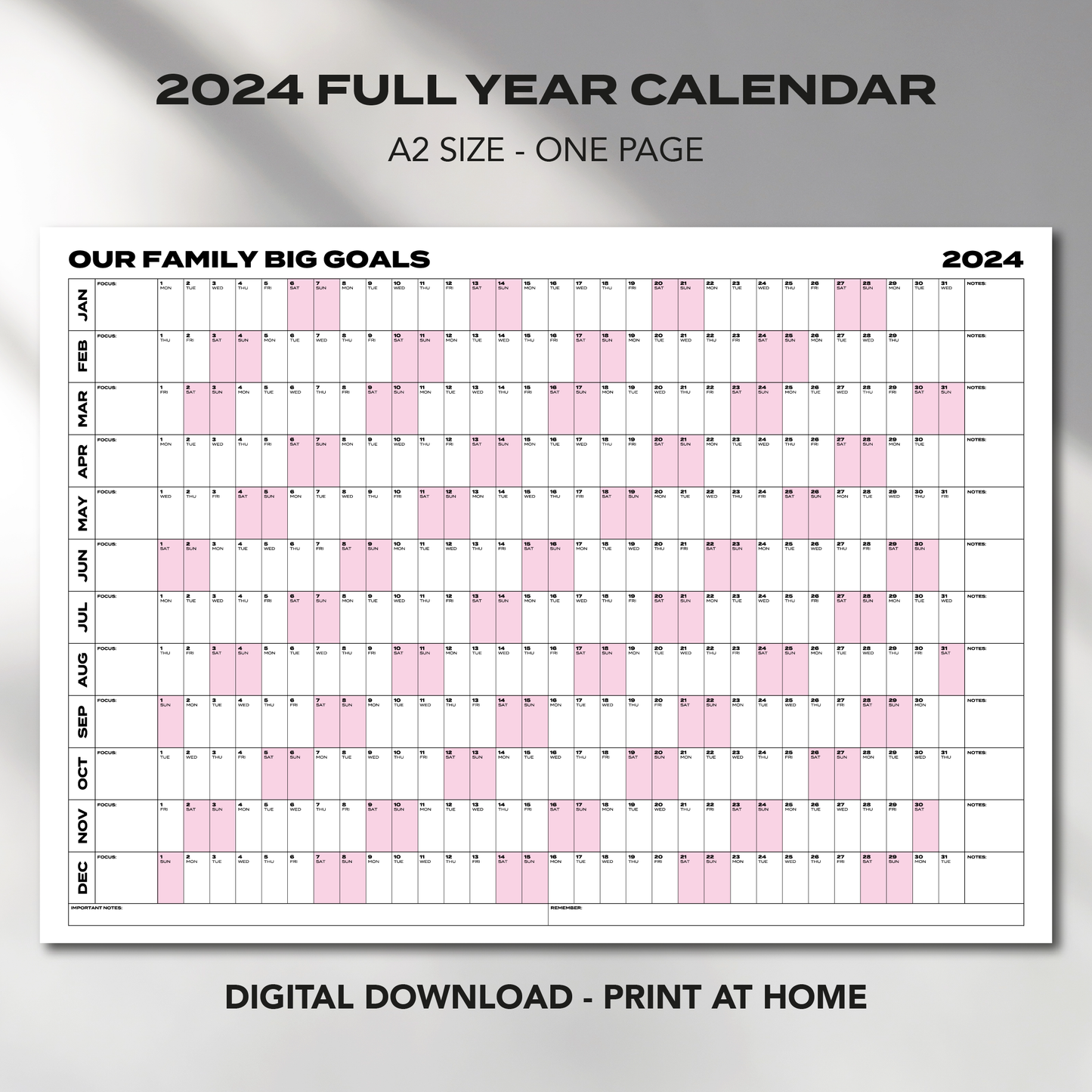 A2 Size "OUR FAMILY BIG GOALS" 2024 Calendar